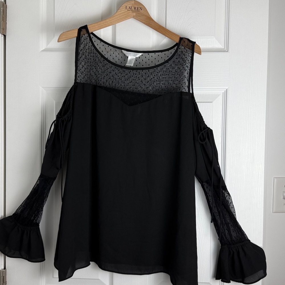 London Times Black Sheer Polka Dot Blouse